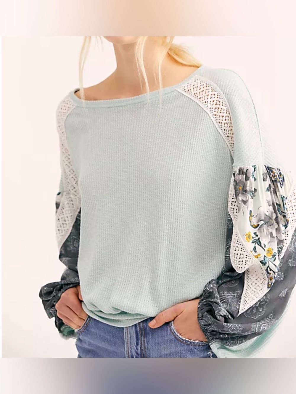 Free People Casual Clash Waffle Knit Balloon Sleeve Top Size Small Boho